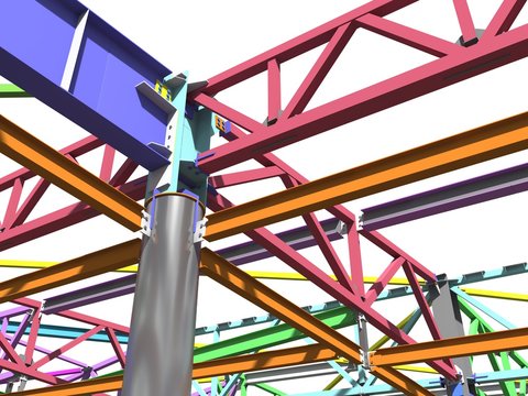 BIM model of metal structure. The building is made of metal structures. Building information model. Architectural, engineering and construction background. 3D rendering. White background.