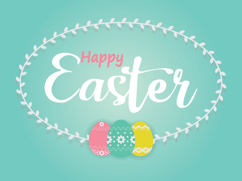 Hand sketched Happy Easter text for banner background template with beautiful colorful spring flowers and eggs. Seasons Greetings
