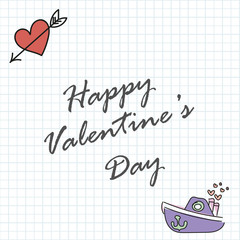 Valentine's day background with elements on school notebook sheet.Vector.