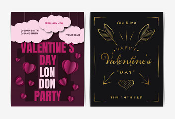 Set of Valentine's day invitation party flyers template. Vector illustration.