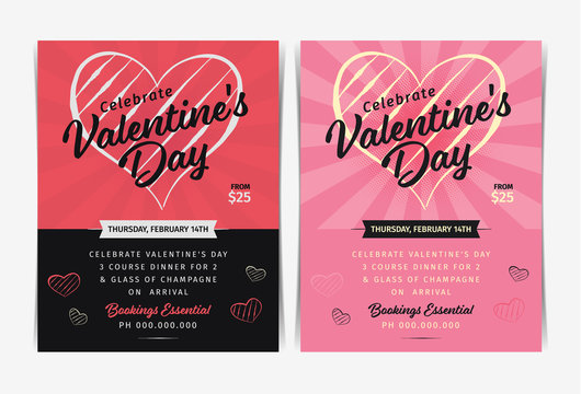 Set of Valentine's day invitation flyers template. Vector illustration.