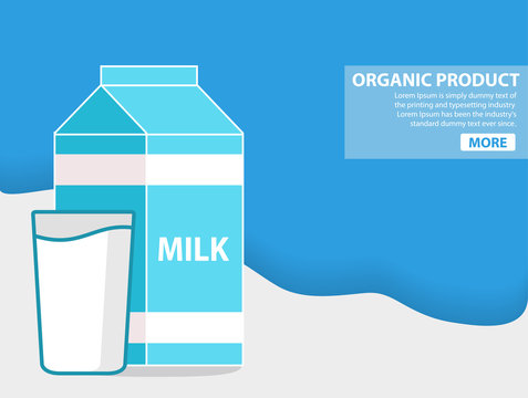 Paper carton milk and glass cow's milk.Natural organic farmer drink. Horizontal banner design concept flat vector.