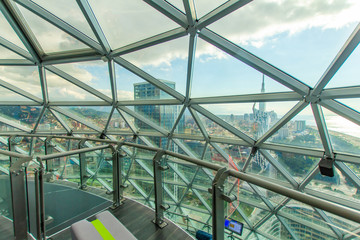 The interior of the restaurant is located on the top of the famous Alphabet tower at historical center of Batumi, Georgia. The window offers a beautiful view of the black sea and the building old city