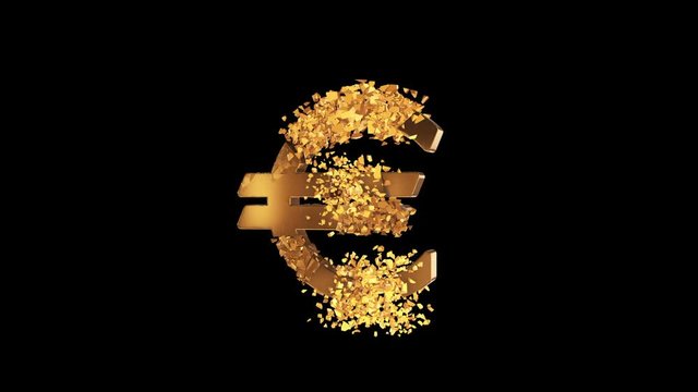 Fractured Euro value 3d model with disappearing effect. Financial crisis concept. Available in FullHD and HD video.
