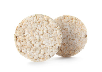 Crunchy rice cakes on white background. Healthy snack