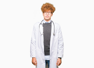 Young handsome doctor man wearing medical coat Relaxed with serious expression on face. Simple and natural looking at the camera.