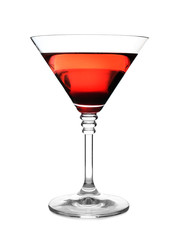 Glass of martini cocktail on white background