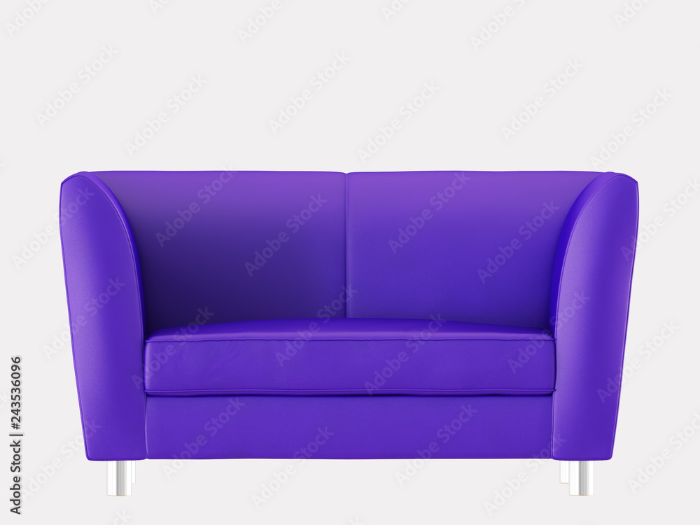 Poster purple sofa front view on a white background 3d rendering