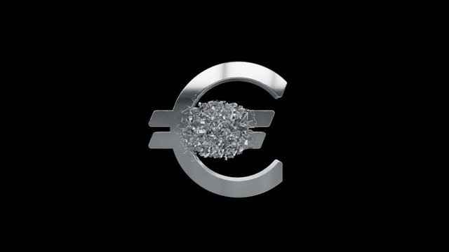 Fractured Euro value 3d model with disappearing effect. Financial crisis concept. Available in FullHD and HD video.
