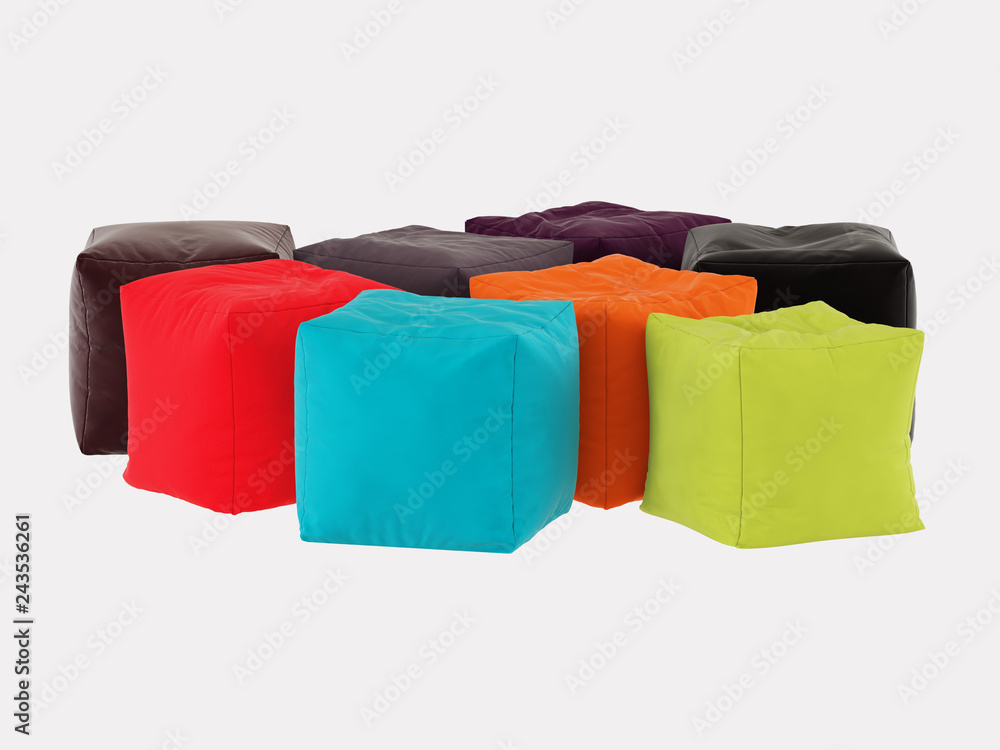 Fototapete collection of square colored poufs on a white background 3d rendering
