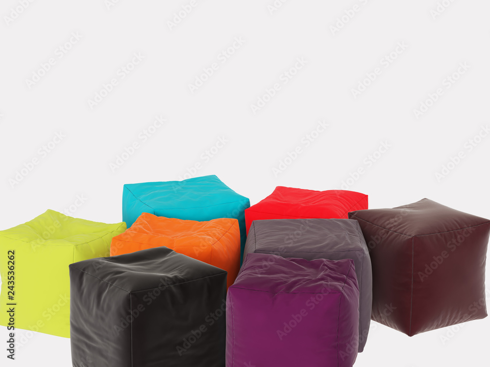 Poster collection of square colored poufs on a white background 3d rendering