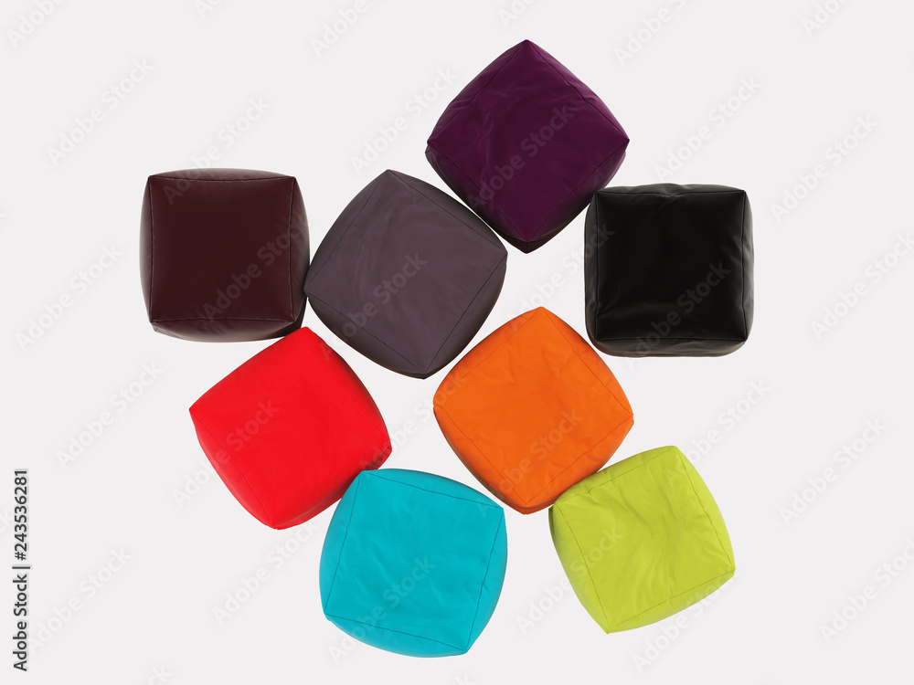 Poster collection of square colored poufs on a white background 3d rendering