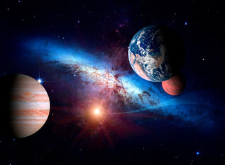 Planets of the solar system against the background of a spiral galaxy in space. Elements of this...
