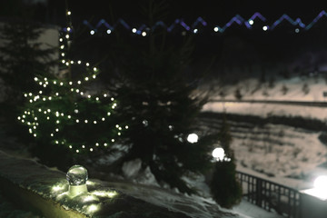 Snow globe with Christmas lights and fir trees on background outdoors