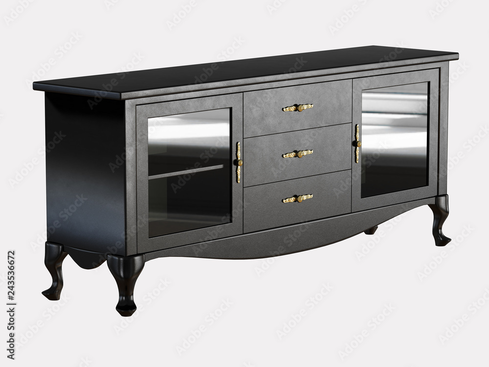 Poster black chest of drawers with boxes on a white background 3d rendering