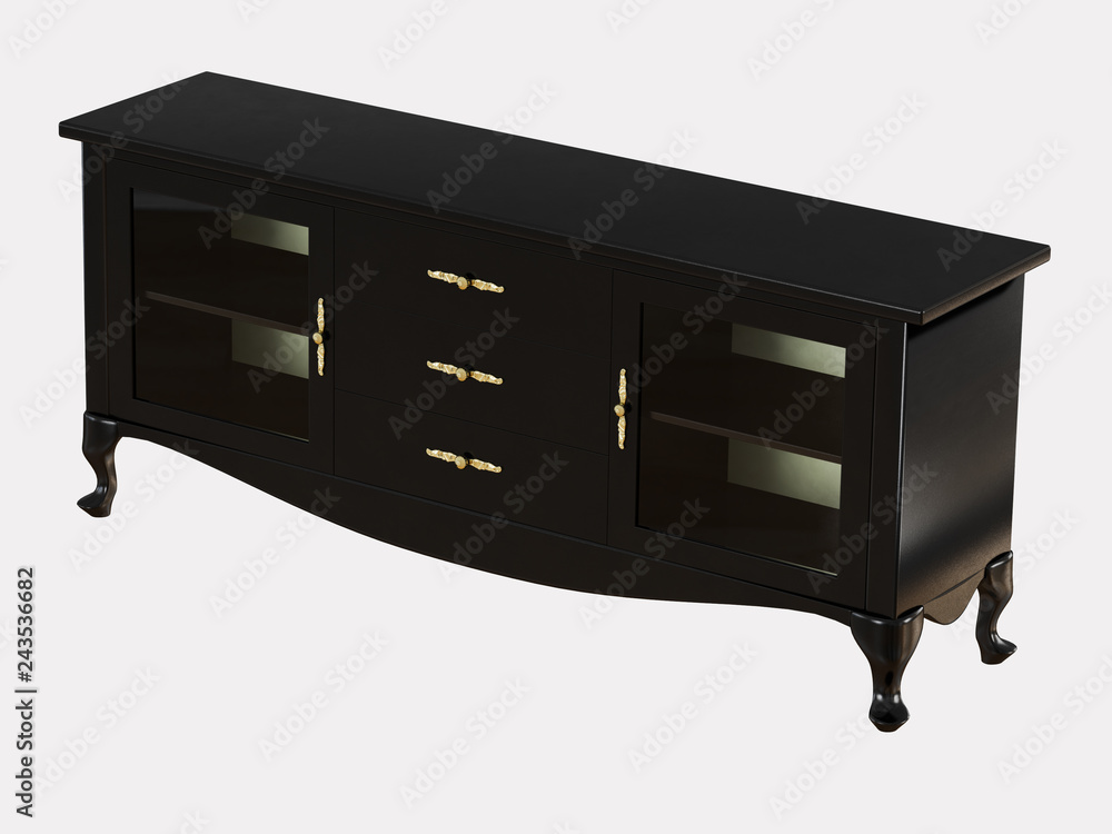 Poster black chest of drawers with boxes on a white background 3d rendering
