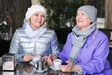 Fototapeta na wymiar Smiling elderly females at outdoor cafe