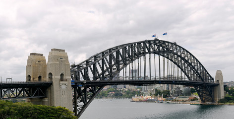 Bridge walkers ascending and descending the arch of the iconic Sydney Harbor Bridge in Sydney, New South Wales, Australia