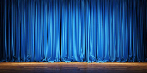 Empty theater stage with blue velvet curtains. 3d illustration