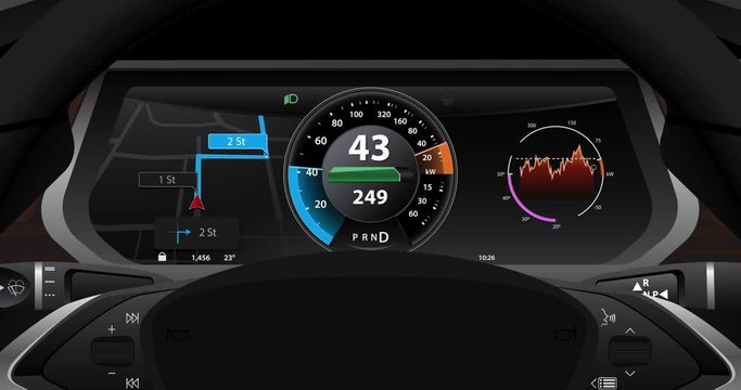Electric car dashboard display closeup. Speedometer, navigation, battery level Power consumption indicator. 4K animation