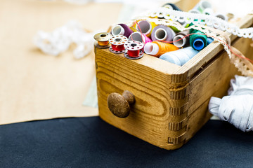 Colored Threads in a wooden box