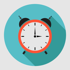 Alarm clock icon with long shadow. Flat design style. Clock silh