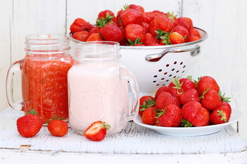 Strawberry dessert on a white wooden background