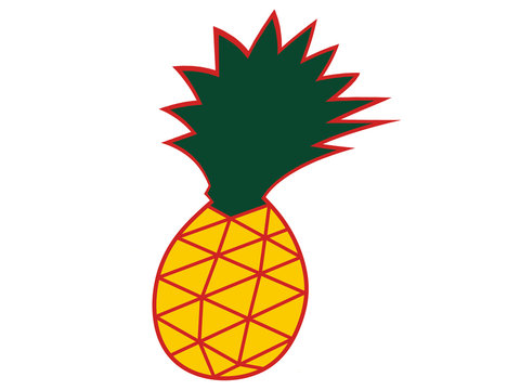Pineapple, yellow with dark green leaves, red outline, flat icon