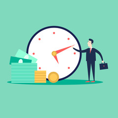 Businessman stops time. Flat style vector illustration.