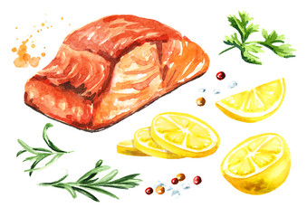 Delicious grilled salmon fish fillet with lemon, rosemary and spicies set. Watercolor hand drawn illustration, isolated on white background