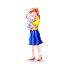 young mom with a babe. Watercolor illustration.