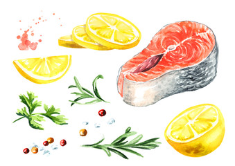 Salmon fish fillet with lemon, rosemary and spicies set. Watercolor hand drawn illustration isolated on white background - obrazy, fototapety, plakaty