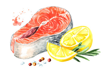 Salmon fish fillet with lemon, rosemary and spicies. Watercolor hand drawn illustration isolated on white background