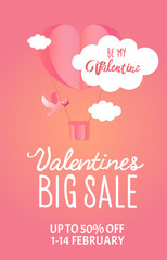 Valentines day sale background with dove and heart. Vector illustration. Wallpaper, flyers, invitation, posters, brochure, banners.