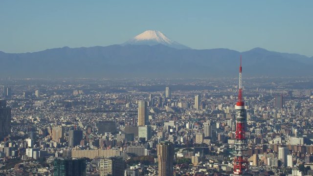 Tokyo, Japan circa-2018.  Flying over Tokyo with view of Tokyo Tower and Mount Fuji.  Shot from helicopter with RED camera.