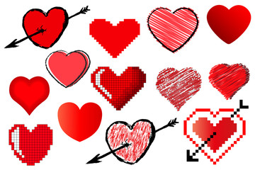 A set of different hearts in red. Vector image. Isolated object on white background.