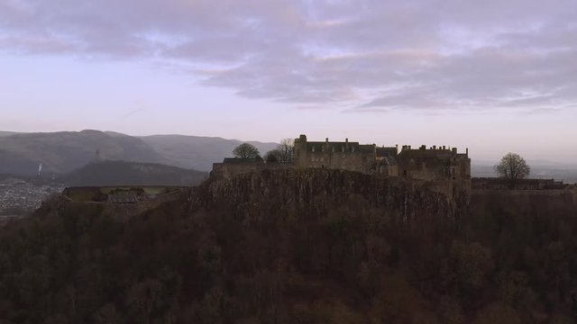 Aerial view of Stirling Castle on top of the rocky hill in central Scotland