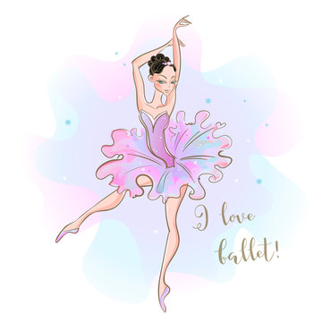 Ballerina in a pink tutu. I love ballet. Inscription.