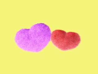 Fluffy heart. Fur plush heart. Heart shape red fluffy soft pillow or cushion for Valentine's day or wedding day in love. 3d rendering.