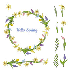 Obraz premium Colorful wreath from various spring flowers and endless horizontal brush. Individual elements on a white background.