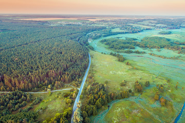 Aerial view of countryside in summer evening