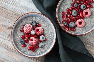 Chiapudding mit bunten roten Beeren und Früchten