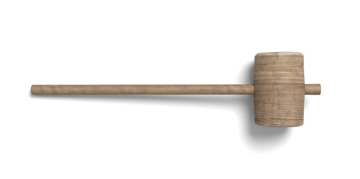 3d rendering of wooden hammer with long thin handle and a big round head.