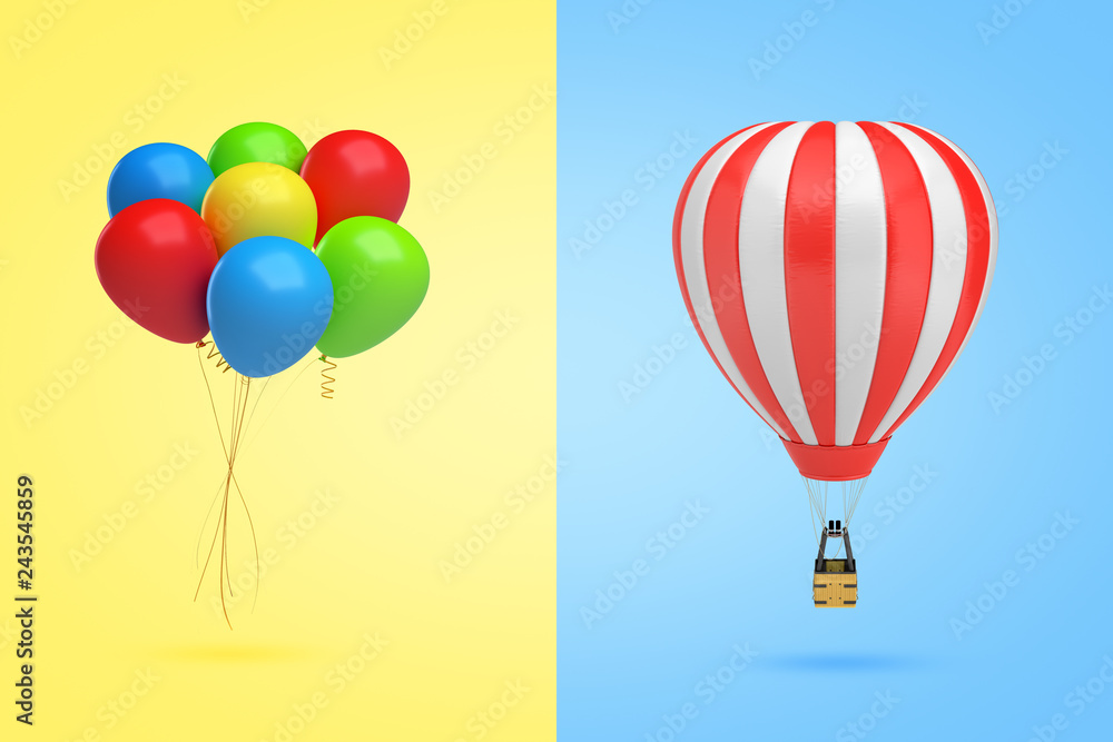 Aufkleber 3d rendering of a bundle of multicolored balloons on yellow background on the left and of a hot-air 