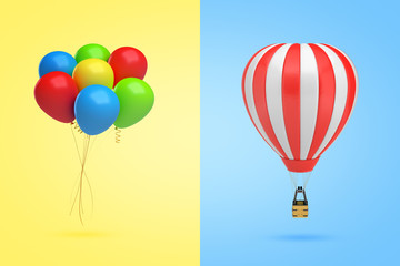 3d rendering of a bundle of multicolored balloons on yellow background on the left and of a hot-air balloon on light-blue background on the right.