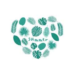 Naklejka premium Hello summer. Heart composed of tropical leaves. Floral elements for your design. Vector illustration.