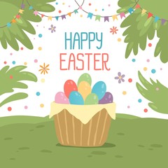 Flat style background with eggs basket on the grass nature landscape, vector illustration. Happy Easter greeting card for your design.