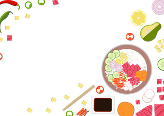 Tuna poke bowl and set of ingredients. Flat lay healthy food illustration, top view. Soy, chopsticks and whole and round slices pepper, radish, carrot, onion, cucumber, lemon,avocado,Yam on white