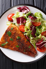 Spicy baked pike fillet and fresh vegetable salad close-up on a plate. Vertical top view
