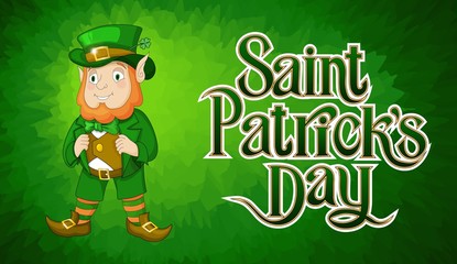 Fototapeta premium Card for St. Patricks Day with leprechaun in a suit. Happy Saint Patricks Day